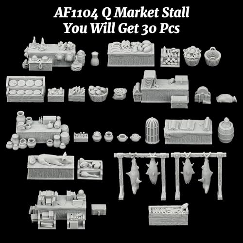 AUSPDICE Fantasy Bazaar Scatter Terrain, 25mm Unpainted Market Goods Set | TTRPG Market Goods with Food Crates, Fish Racks and Pottery for Village Maps, Role Playing Games and Game Masters, AF1104 Q - color: Af1104 Q Market Stall