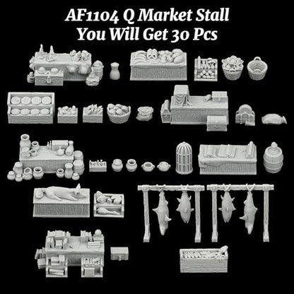 AUSPDICE Fantasy Bazaar Scatter Terrain, 25mm Unpainted Market Goods Set | TTRPG Market Goods with Food Crates, Fish Racks and Pottery for Village Maps, Role Playing Games and Game Masters, AF1104 Q - color: Af1104 Q Market Stall
