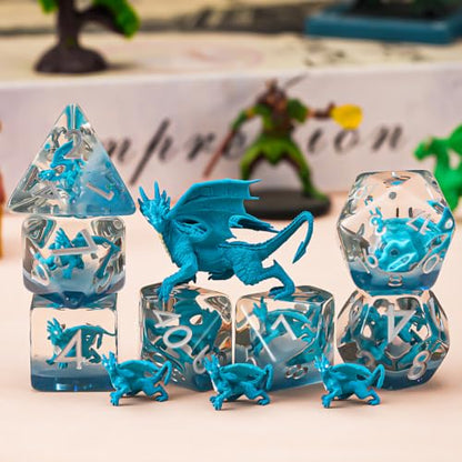 Dragon Resin D&D Dice Set, 7-Piece DND Polyhedral Dice (D4, D6, D8, D10, D12, D20, D%) Dungeons and Dragons Dice Set - color: Blue Dragon