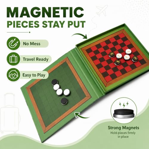 2-in-1 Checkers & Reversi Board Game | Magnetic Travel Games for Kids 8-12 | Plane Activities for Kids Ages 8-12 | Foldable Magnetic Checkers & Travel Activities - style: Checkers & Reversi