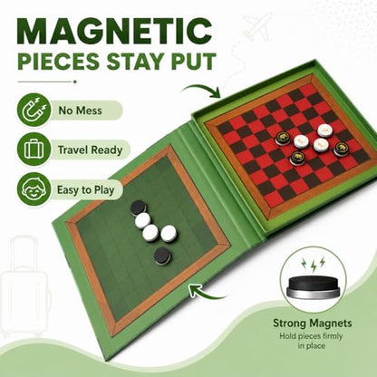 2-in-1 Checkers & Reversi Board Game | Magnetic Travel Games for Kids 8-12 | Plane Activities for Kids Ages 8-12 | Foldable Magnetic Checkers & Travel Activities - style: Checkers & Reversi