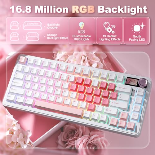 YUNZII B75 PRO MAX QMK/VIA Wireless Mechanical Keyboard | 75% Layout with Screen and Knob, Custom Hot Swap, Gasket, Creamy Switches, for Win/Mac(White Heart,Candy Switch) - color: White Heart, size: Candy Switch