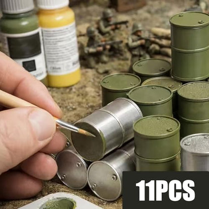 11-Piece Barrel Terrain Set, 1:32 Tabletop Wargame Diorama (Grey) | 11 grey barrels, 1:32 scale. Wargame terrain prop, modern industrial scatter, miniature scenery collectible.