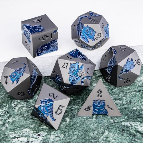 Metal DND Cat Dice 7PCS Polyhedral RPG Dice Set with Gift Case for Dungeons Dragons Role Playing Game, D and D Dice D6 D8 D10 D12 D20 D% (Grey Blue) - color: Cat-grey Blue