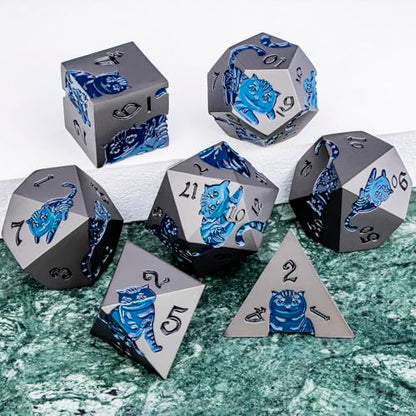 Metal DND Cat Dice 7PCS Polyhedral RPG Dice Set with Gift Case for Dungeons Dragons Role Playing Game, D and D Dice D6 D8 D10 D12 D20 D% (Grey Blue) - color: Cat-grey Blue