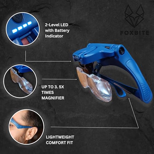 FOXBITE LED Magnifier Glasses for Miniature Painting – 5 Lenses, Dual-Brightness Light, Rechargeable Headset with Glasses or Headband Option – Hobby Tool for Warhammer, D&D, Model Kits