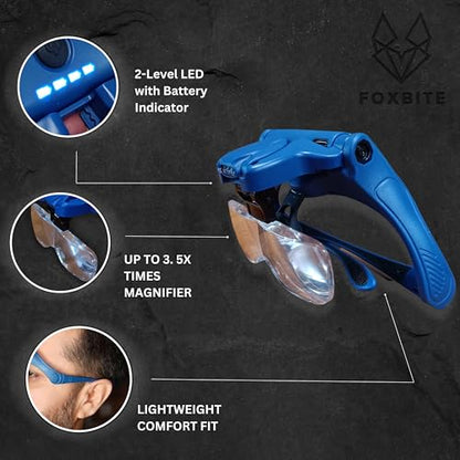 FOXBITE LED Magnifier Glasses for Miniature Painting – 5 Lenses, Dual-Brightness Light, Rechargeable Headset with Glasses or Headband Option – Hobby Tool for Warhammer, D&D, Model Kits