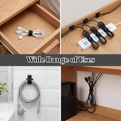 100 Pcs Cable Management Under Desk, Hook and Loop Cable Straps, Black | Strong Adhesive Backing, Residue-Free Removal, Adjustable Cable Ties for Home, Office, and TV, Computer, Vehicle Use - color: Black