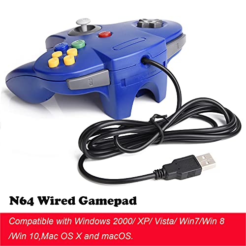 KIWITATA 2 Pack N64 USB Controller for PC Games, Classic N64 Wired Bit Emulator Gaming Pad Joystick Controller for Windows XP/7/8/10 & Mac & RetroPie Blue - color: Blue