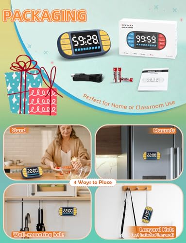 Digital Kitchen Visual Timer: 3.6'' Large LED Display, Magnetic, 3 Brightness, 4 Alarms and Volume, Memory Function, Countdown Count up for Cooking, Classroom, Home Gym, AAA Battery Included - color: Blue