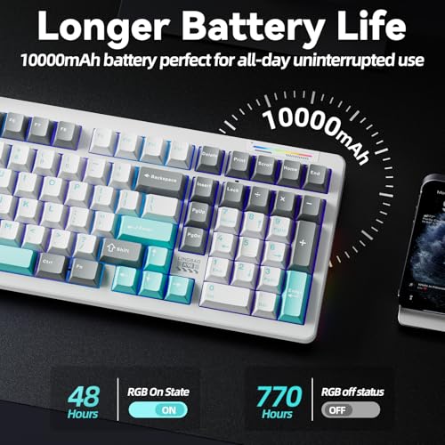 LINGBAO K98 - 96% Mechanical Keyboard Wireless,10000mAh Battery,Wireless Gaming Keyboard BT5.0/2.4G/USB-C, Gasket Hot Swappable,RGB Backlit, Creamy Sounding Keyboards with Number Pad for Win/Mac/PC - color: K98 | 10000mAh | White Blue Grey