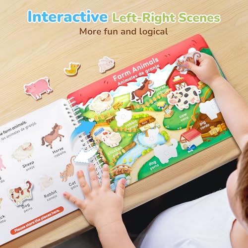 JoyCat Preschool Busy Book for Toddlers Ages 3-5, English and Spanish | 15 reusable themes with letters, numbers, colors and matching as autism learning material for home, class or travel