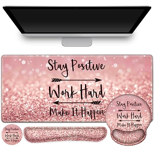 ToLuLu Desk Mat, XXL Large Mouse Pad Wrist Support Set，4 in1 Gaming Mousepad Desk Pad+ Ergonomic Mouse Pad with Wrist Rest + Keyboard Wrist Rest+Coaster for Women Home Office Table, Pink Stay Positive - color: Pink Stay Positive
