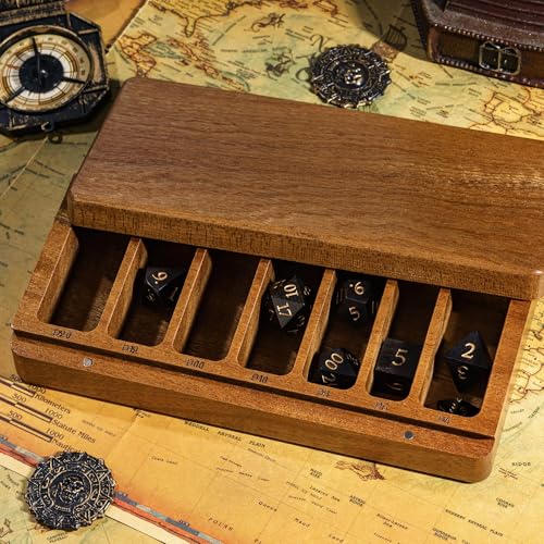 Wooden DND Dice Case with Magnetic Lid for Storing 3 Sets of 7 Polyhedral Dice for D&D Tabletop Games