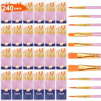 ESRICH Acrylic Paint Brushes Set, 24Packs /240 Pcs, Nylon Brush Head, for Oil Painting, Gouache, Face,Ceramics etc, Kid's and Adults Painting Arts and Crafts Sets.(Pink) - color: Pink, size: 240