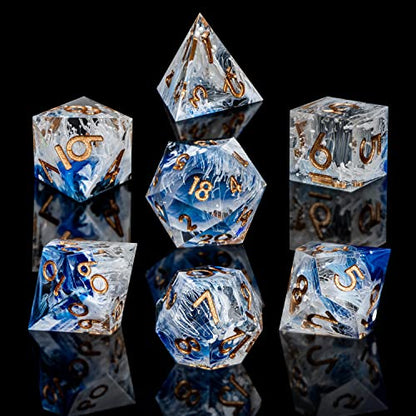 ARUOHHA Blue DND Resin Dice Set 7PCS Translucent Handmade RPG Polyhedral Sharp Edge Dice Set with Gift Box, Glitter Inclusions D and D Dice D20 D12 D10 D8 D6 D4 - color: Blue
