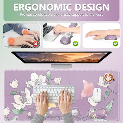 AIMSA Flower Desk Mat, Purple Mouse Pad with Wrist Rest Set, XXL Mousepad+Keyboard Wrist Rest+Mouse Pad Wrist Support+Coaster for Home Office Accessories - color: Purple Flowers