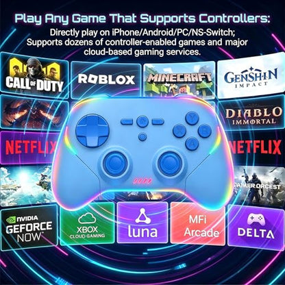 Megadream Phone Controller for PC/Switch 2|Swith/Android/iPad/Tablet/iPhone Controller - RGB light - Hall Effect Trigger/Joystick - Call of Duty, Roblox, Genshin Impact, Direct Play, Blue - color: Blu