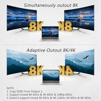 8K@60Hz HDMI Splitter 1 in 2 Out, 1x2 HDMI 2.1 Splitter Support 4K@120Hz, 1080P@240Hz VRR HDCP2.3 HDR HDR10 48Gbps EDID Dolby Atmos 7.1ch - size: 1x2