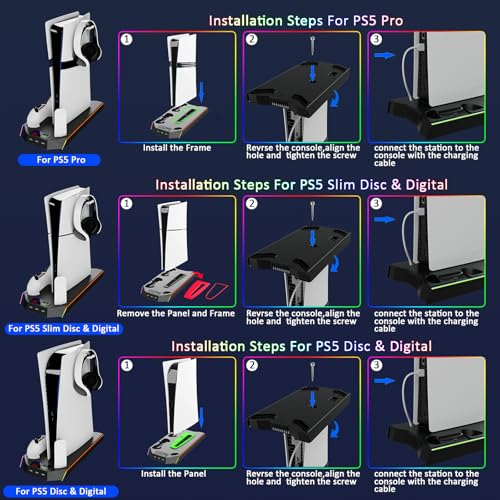 PS5 Stand and Cooling Station with RGB Controller Charging Station for PlayStation 5 Console, PS5/Slim/Pro Controller Charger, PS5 Cooling Stand, PS5/Slim/Pro Accessories Kit with 3 Level Cooler Fan - color: RGB-Black