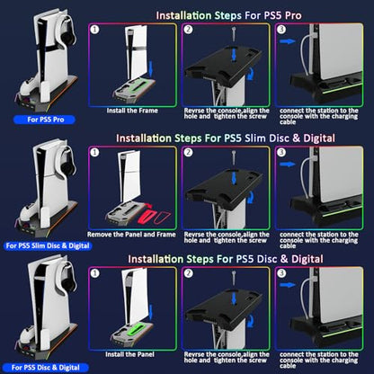PS5 Stand and Cooling Station with RGB Controller Charging Station for PlayStation 5 Console, PS5/Slim/Pro Controller Charger, PS5 Cooling Stand, PS5/Slim/Pro Accessories Kit with 3 Level Cooler Fan - color: RGB-Black