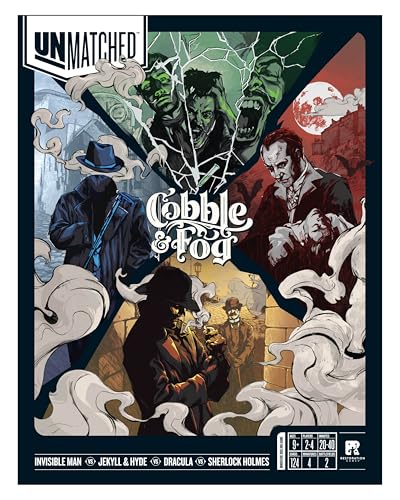 Restoration Games Unmatched Cobble & Fog | Strategy Board Game for 2 to 4 Players, Heroes Expansion with Sherlock Holmes, Dracula, Jekyll & Hyde, Invisible Man, Ages 9+