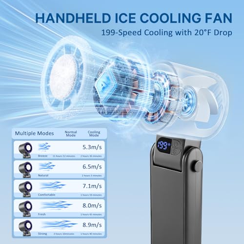 Handheld Portable Turbo Fan with Ice Cooler Personal Cooling Device | 199 Speeds,Digital Display, Up to 12H Runtime, Rechargeable Powerful Mini Personal Fan for Travel/Concerts/Sport Events/Gifts - color: gray