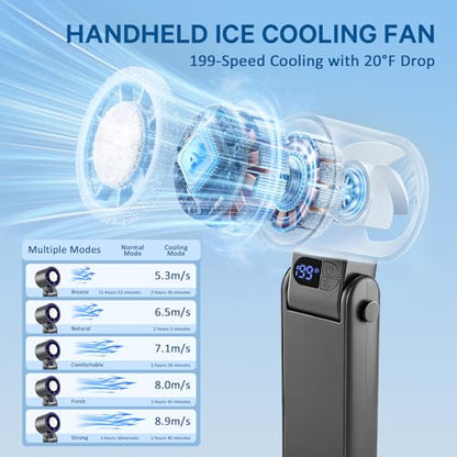 Handheld Portable Turbo Fan with Ice Cooler Personal Cooling Device | 199 Speeds,Digital Display, Up to 12H Runtime, Rechargeable Powerful Mini Personal Fan for Travel/Concerts/Sport Events/Gifts - color: gray