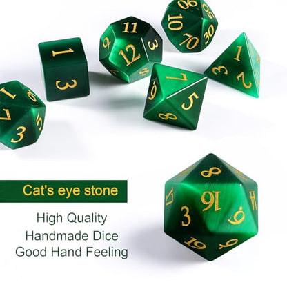 7-Piece Green Artificial Cat's Eye Crystal Polyhedral Dice Set for Dungeons & Dragons D&D RPG Tabletop Gaming - Sharp Edge Gemstone Dice with Storage Box - color: Green