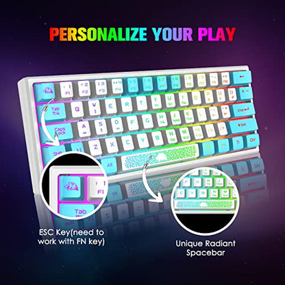 60% Gaming Keyboard and Mouse Combo Samll Mini RGB Backlight Mechanical Feeling and Mechanical RGB 6400 DPI Honeycomb Optical Mouse,Gaming Mouse pad for Gamers and Typists (White & Blue) - color: White & Blue