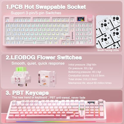 AULA S98 Pro Wireless Mechanical Keyboard with Screen & Knob,2.4GHz/USB-C/BT5.0 Hot Swappable Pink Creamy Keyboard,Pre-lubed Linear Switches,Side Printed PBT Keycaps,RGB Backlit Gaming Keyboards - color: Side Printed Pink