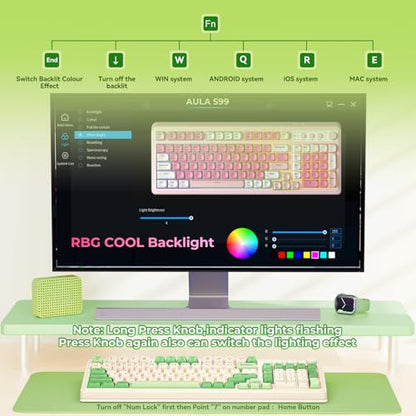 AULA S99 Gaming Keyboard, Wireless Green Creamy Computer Keyboards | Tri-Mode Bluetooth/2.4GHz/USB-C Membrane Keyboard with Number Pad,99Keys,RGB Backlit,Programmable,Creamy Silicone Structure - color: Green & Beige