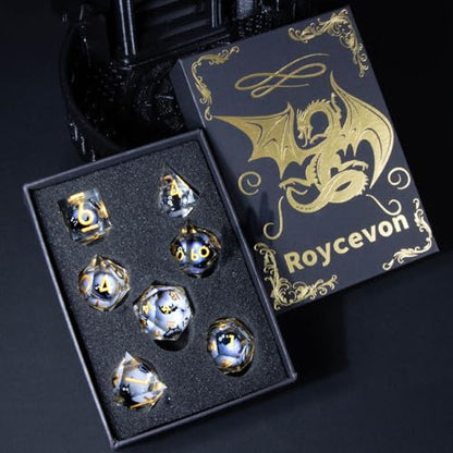 Roycevon Resin DND Dice Set with Gift Box, 7Pcs Liquid Core Cat D&D Dice, Cute Dungeons Dragons D and D Dice, Sharp Edge Role Playing Game Dice D20 D12 D10 D8 D6 D4, White Gold - color: White Gold