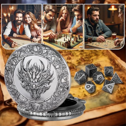 Mini DND Dice Set, with Steampunk Dragon Head Pocket Watch Shell Case, 7-Piece Polyhedral Metal D&D Dice, DND Gift Bag with Dragon Logo, MTG, Role Play Board Game Accessories, Dark Silver