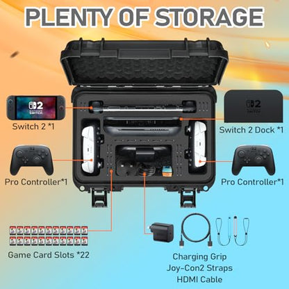 LUGECASE Carrying Case for Nintendo Switch 2: Extra Large Capacity | Ip67 Waterproof | Deluxe Soft Lining Hard Travel Carrying Case for Switch 2 Console | Pro Controller | Dock & Accessories (Black) - color: Black