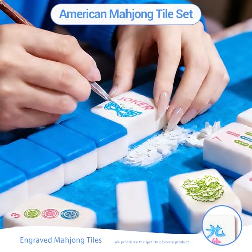 American Mahjong Tile Set, 166 Tiles (1.2”), Cute Mini Mahjong Tiles- Blue | Mahjong Tile Set with Carrying Bag, Dice, Mat, Portable Travel Complete Game Set for Home Outdoor Enthusiast Gift - color: Blue