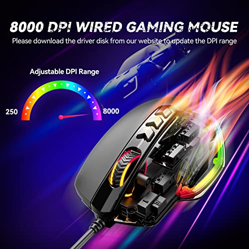 TECKNET Wired Gaming Mouse, Ergonomic Gaming Mouse with 8000DPI, RGB Computer Mice with 11 Programmable Buttons, PC Gaming Mice for Notebook Laptop Mac Book, Fire Button(Ratón de juego)