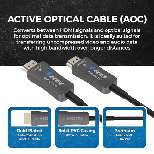 OREI 8K HDMI 2.1 Fiber Optic Cable 100ft - AOC, 48Gbps, 8K@60Hz, eARC, 3D - size: 100FT