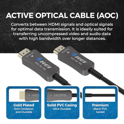 OREI 8K HDMI 2.1 Fiber Optic Cable 100ft - AOC, 48Gbps, 8K@60Hz, eARC, 3D - size: 100FT