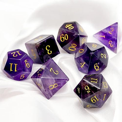 Haxtec Natural Amethyst Gemstone DND Dice with Premiun DND Dice Case Semi-Precious Gem D&D Dice Compatible with Dungeons and Dragons TTRPG Gift - color: Purple