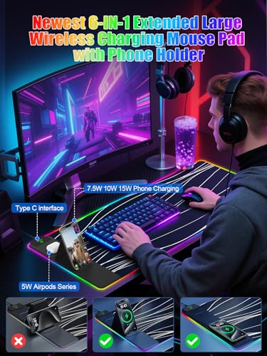 Mouse Pad with Foldable Phone Holder & Wireless Charger, XXL RGB Gaming Mousepad 31.5"x15.8" Large Desk Mat for Keyboard, Black Desk Pad with Dual Qi Charging Station | 11 Colors 5 Modes | Waterproof - color: 31.5x15.75"Phone Stand-Wave Upgraded