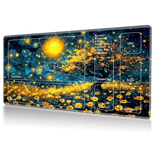 Playmat for MTG, Game Play Mat with Zones for MTG TCG Card Game Playing 24 x 14 inches Trading Card Game Playmats Non-Slip Rubber Base and Stitched Mousepad Desk Mats, Art Tree Moon - color: Art Tree Moon, size: Zones