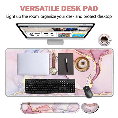 AIMSA Large Gaming Mouse Pad Set, Keyboard Wrist Rest Support Mouse Pad, Ergonomic Memory Foam Multifunctional Extended Desk Mat 35x15.7in Anti-Slip Rubber Base for Office Home, Pink Purple Marble - color: Pink Purple Marble