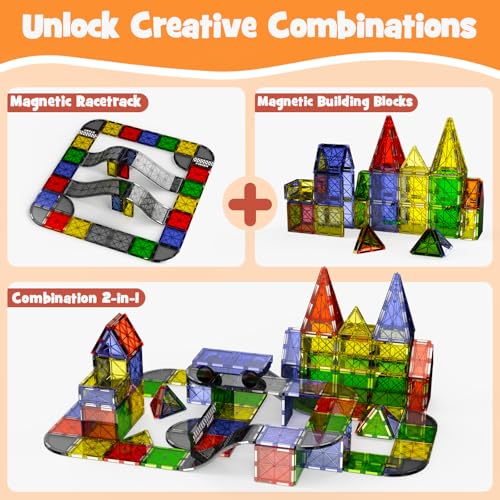 Magnetic Downhill Racer Track: 40pc Blocks Set w Car, STEM Toy 3-8 | Reinforced Tracks + Magnetic Car, STEM Montessori Toy, Safe ABS, Gift for Boys & Girls 3-8, Compatible w Major Brands - size: 40 Pieces