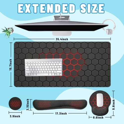 Red Hexagon Desk Mat Set Dark Gaming Tech Grid Mouse Pad with Wrist Rest 4in1 Desk Mat for Desktop Ergonomic Keyboard Wrist Support Anti-Slip Computer Ergonomic Mouse Pad Home Office Gaming - color: Red Hexagon