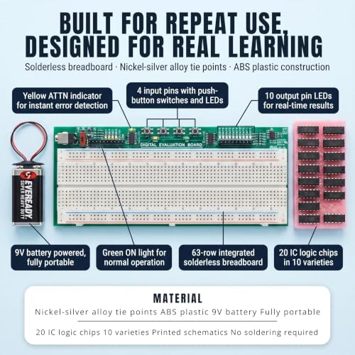 DEB-1002 Solderless Circuit Prototyping for Electrical Engineering Students | 20 Logic IC Chips, 140-Piece Solid Core Wiring, Self-Contained Platform Designed, Hands-On STEM College Prep Learning System