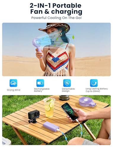 HandFan 5200mAh Handheld Fan Rechargeable, 20H Runtime Hand Fan, 3 Speeds Strong Airflow, Personal 180° Foldable Portable Fans for Travel/Summer/Concerts/Lash/Commute, Gifts for Women (Purple) - color: Clear‑Blade Purple
