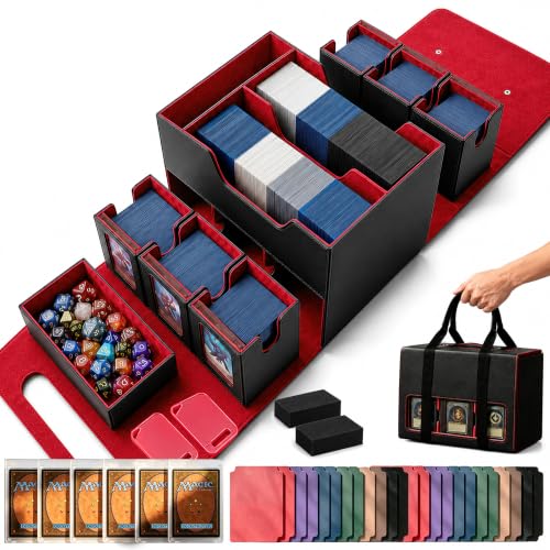MTG Deck Box for Commander & TCG, Trading Card Storage Box with Handle | 7-in-1 Cards Deck Case with dual-sided windows, 2-layer design, 6 deck case, 1 dice tray, 6 magnetic holders & accessories - color: Super Large - Black Red