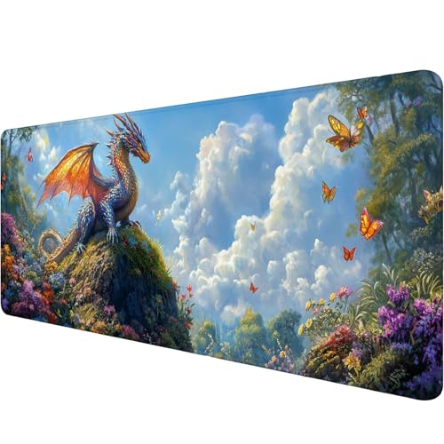 Fantasy Dragon Desk Pad Mouse Pad Forest Colorful Butterfly Flower Mousepad XL Large Gaming Mouse Pad Laptop Keyboard Mat Desk Pad 31.5"x11.8" Office Home Decor for Women Girl - color: Fantasy Dragon_006, size: 11.8" x 31.5"