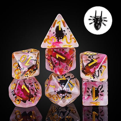 Cusdie 7-Die DND Dice, Polyhedral Dice Set Filled with Animal, for Role Playing Game D&D Dice (Black Spider) - color: Black Spide